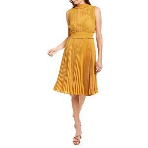 Nanette Lepore NWT Gold Ray Mustard Yellow Pleated Fit Flare Midi Dress Size 10